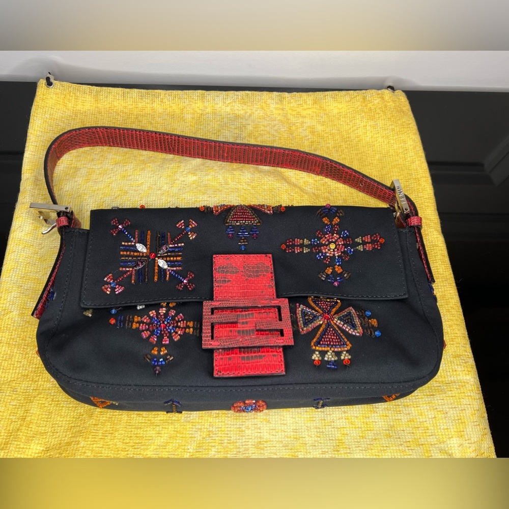 Authentic Fendi Lizard-Trimmed Hand Beaded Baguette